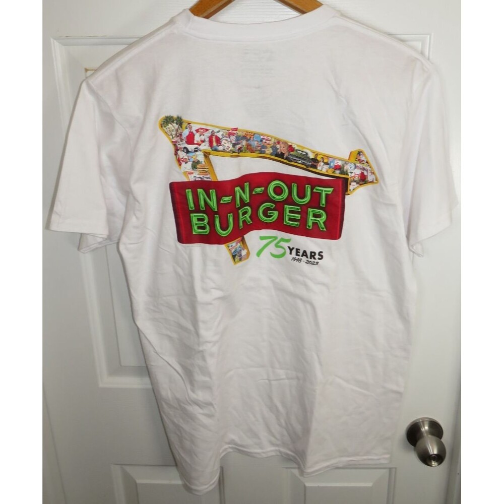 In-N-Out Burger 75 Years 1948-2023 White Graphic T-Shirt Adult LG USA Made NWOT